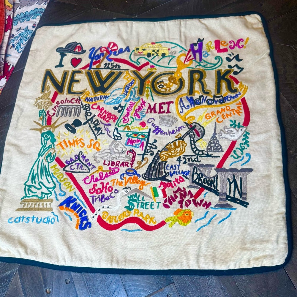 Vintage 2003 Catstudio New York City Hand Embroidered Multicolor Pillow Case